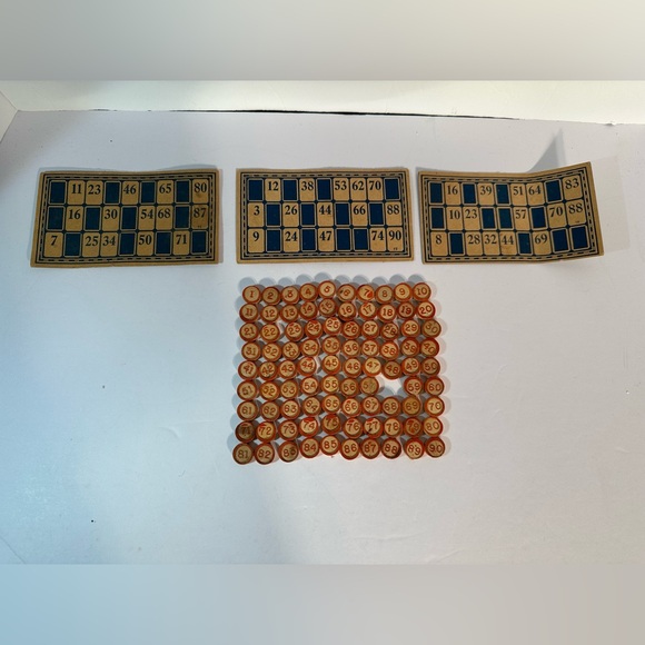 Other - Vintage Bingo Cards And Numbers Wood Red Replacement Game Pieces 1-90 Missing 58